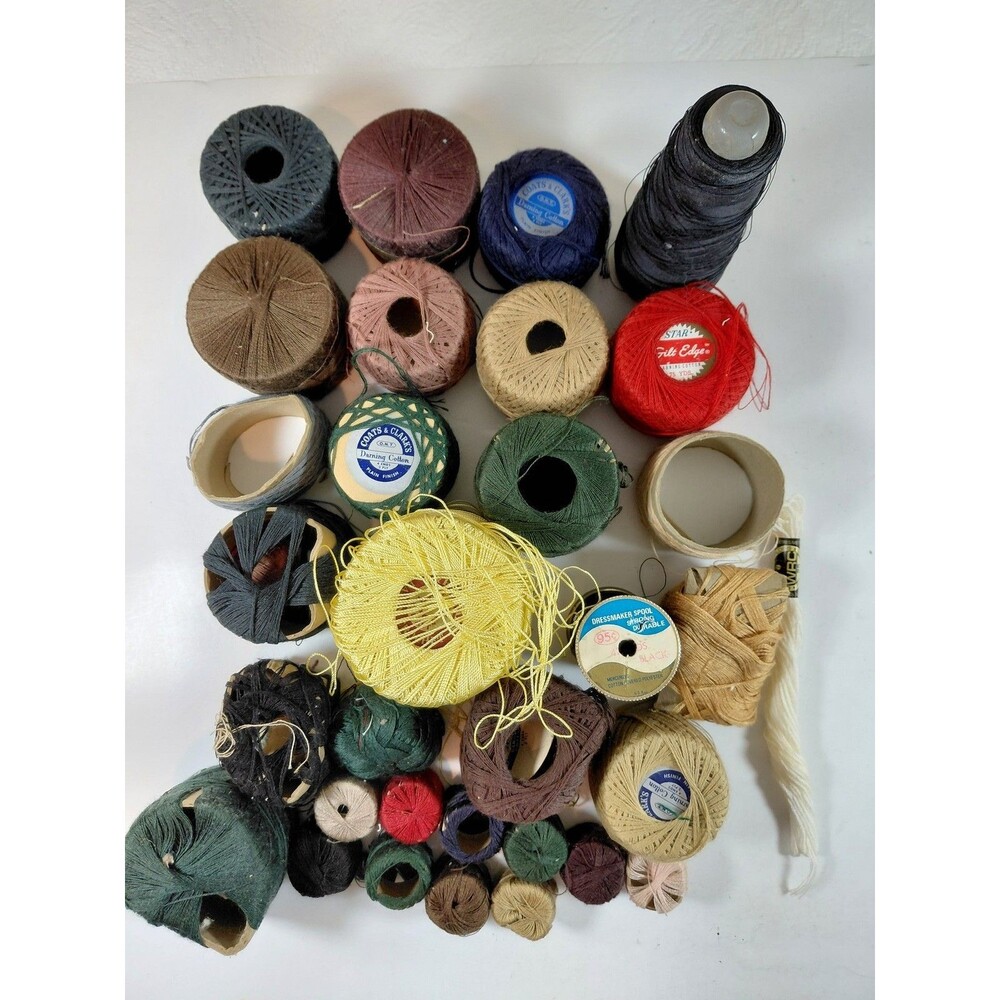 Vintage Assorted Sewing Thread Lot Darning Cotton Crochet Yarn Spools & Skeins